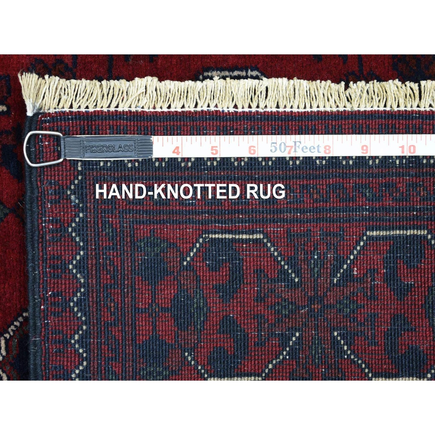 3'X9'6" Deep Red Shiny Wool Hand Knotted Afghan Khamyab Runner Rug