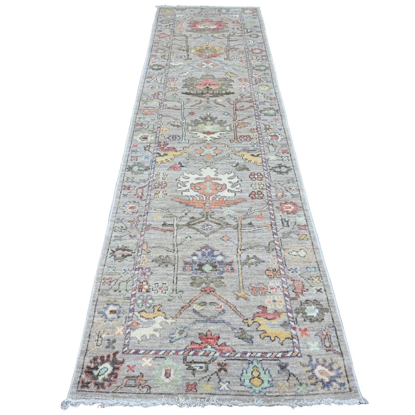 3'X11'7" Gray Hand Knotted Angora Oushak Leaf Design Pure Wool Runner Rug
