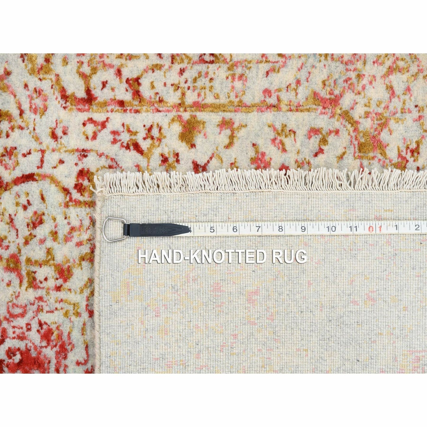4'X11'9" Hand Knotted Pink Farsian Design Wool And Silk Wide Runner Rug