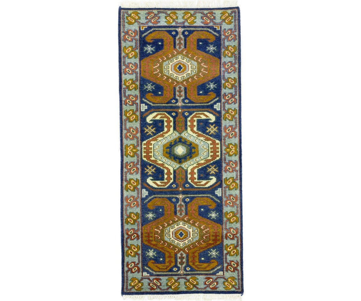 Navy Blue Geometric Tribal Kazak Rug Wool