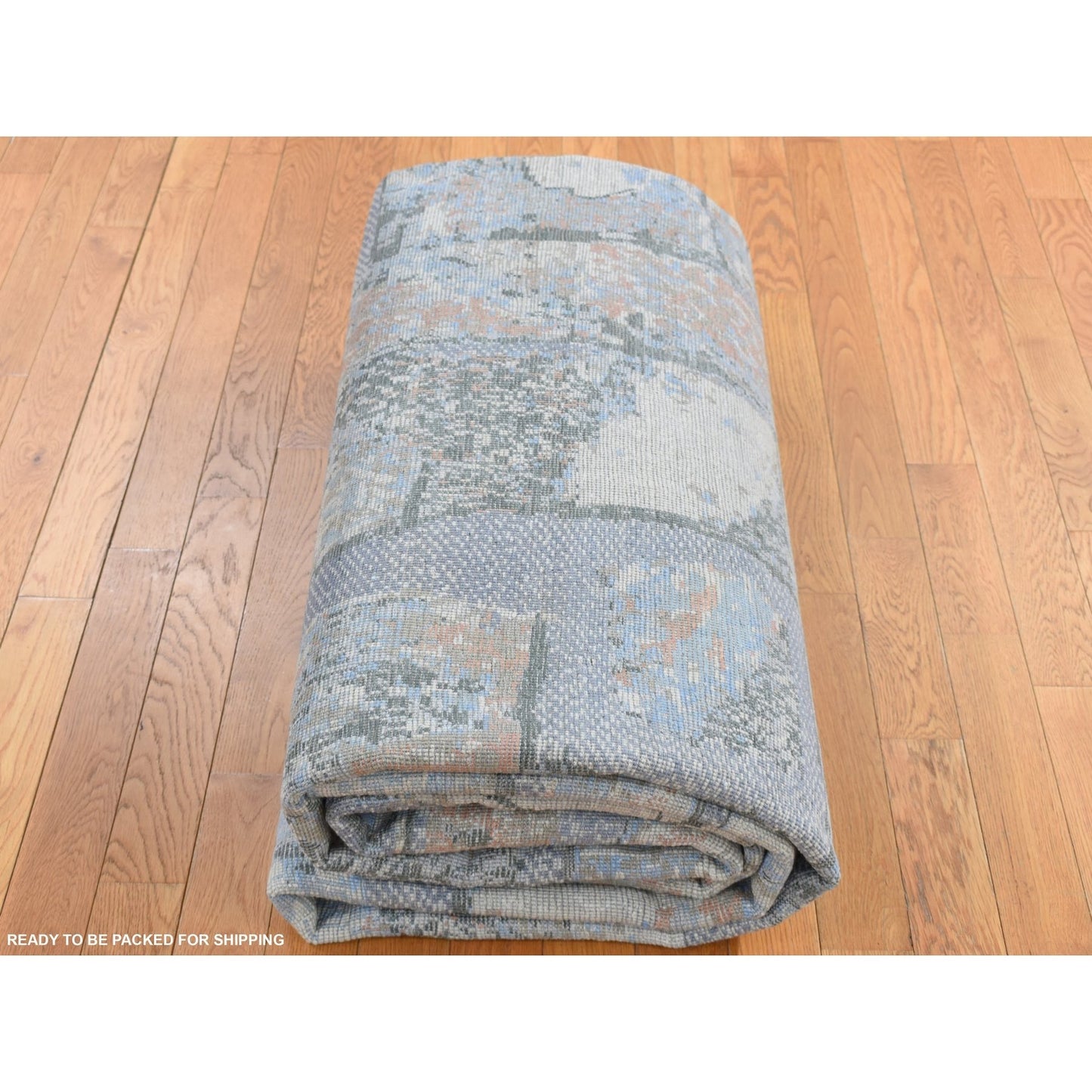 9'X12'2" Blue Modern Brick Design Hand Knotted Wool And Silk Rug