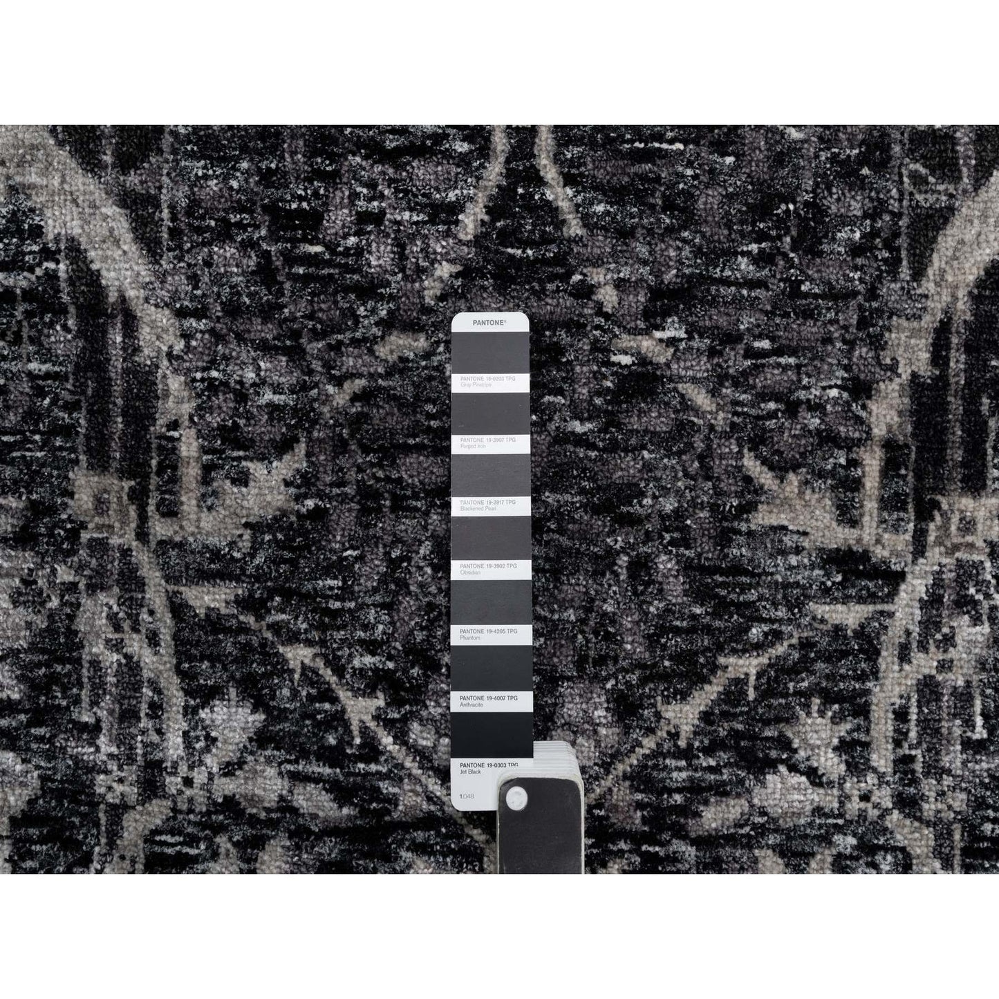 6'X8'10" Obsidian Black Wool And Silk Hand Knotted Sickle Leaf Design Rug