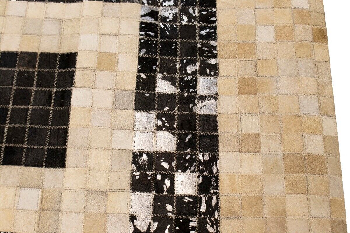 Hand-Stitched Black Beige Cowhide Leather Rug 4X6