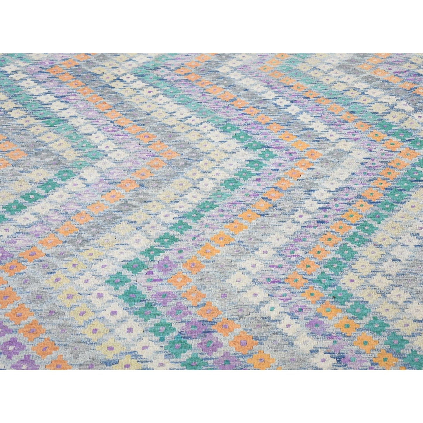 10'3"X13'2" Blue Afghan Kilim Flat Weave Pure Wool Hand Knotted Rug