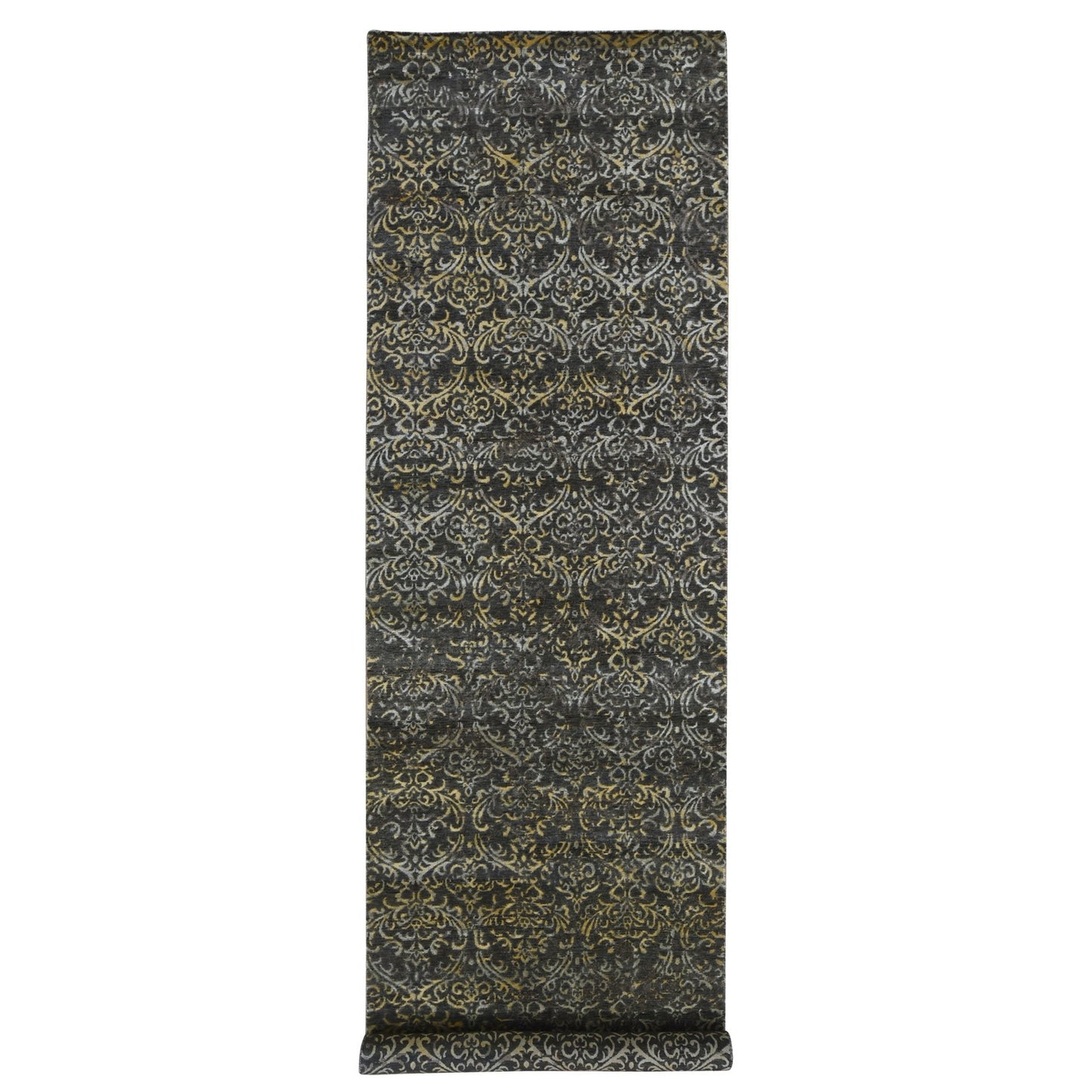 4'8"X18'2" Brown Modern Damask Hand Knotted Wool And Silk Wide Runner Rug