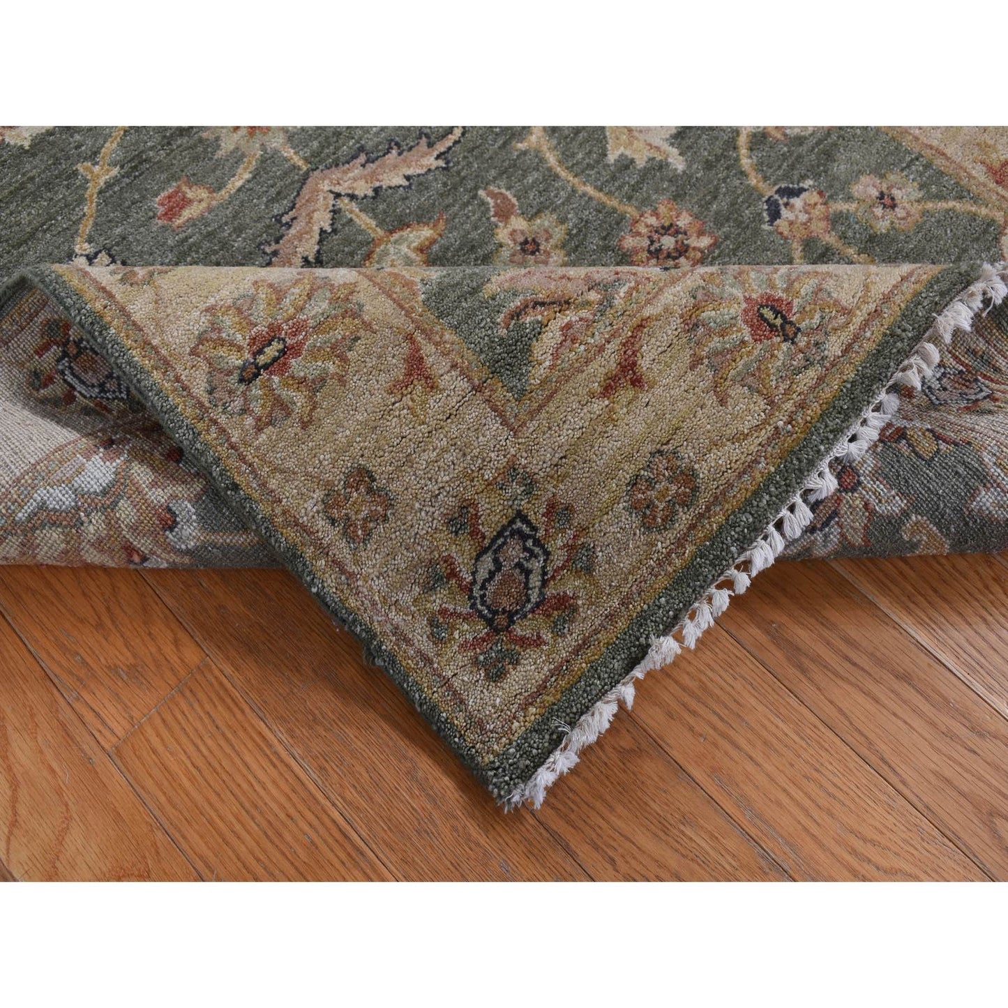 3'6"X32'2" Moss Green Pure Wool Hard Twist Agra Runner Hand Knotted Rug