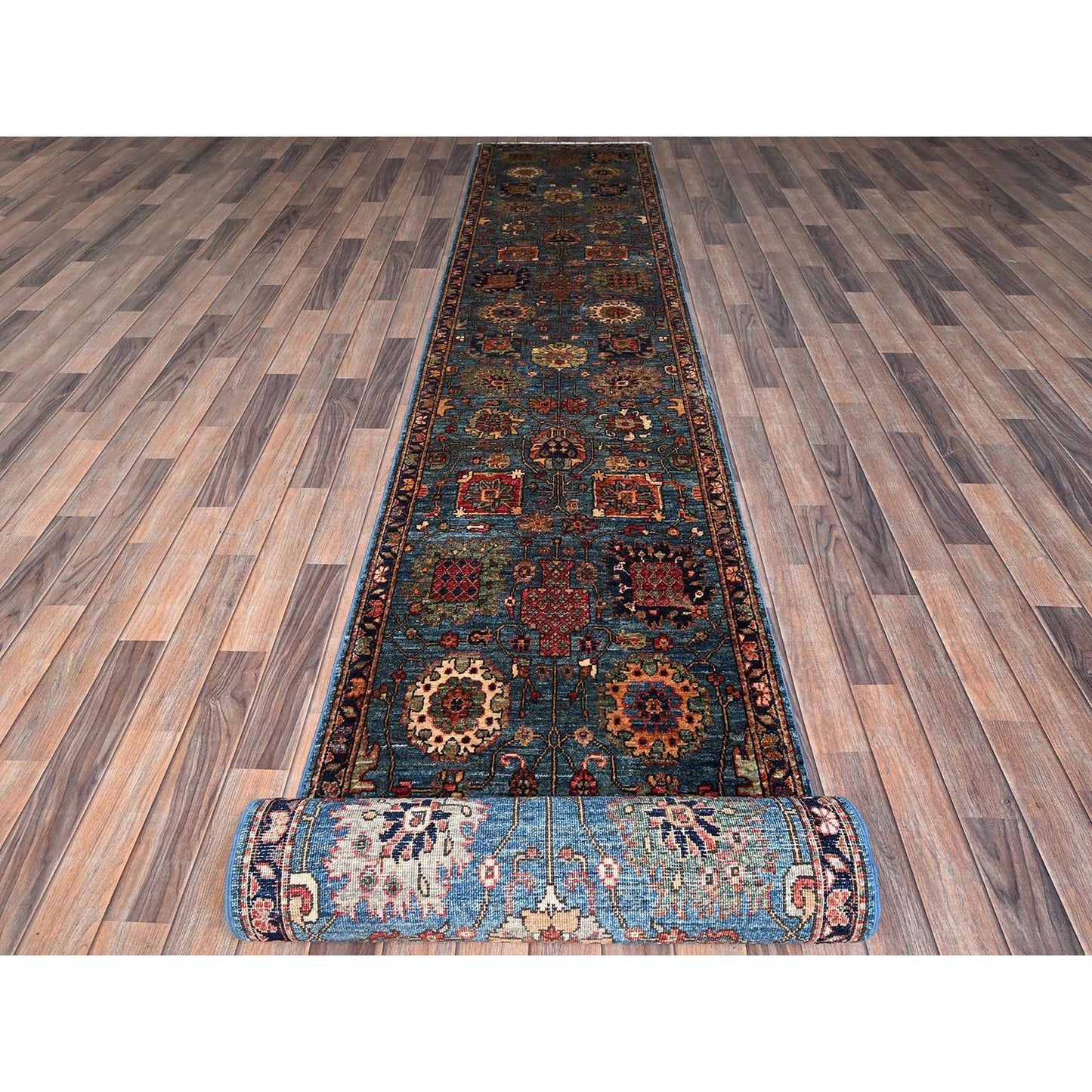 2'7"X21'5" Stone Blue All Over Design Soft Wool Hand Knotted Xl Runner Rug