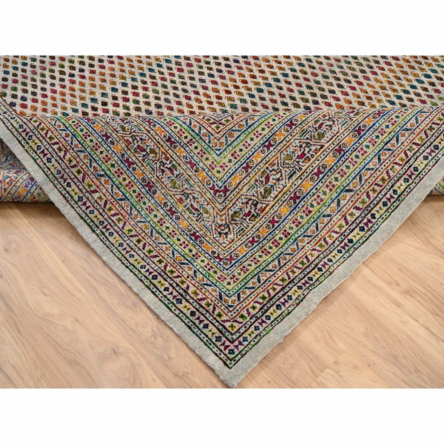 8'8"X12'2" Hand Knotted Beige Saroogh Colorful Wool And Sari Silk Rug
