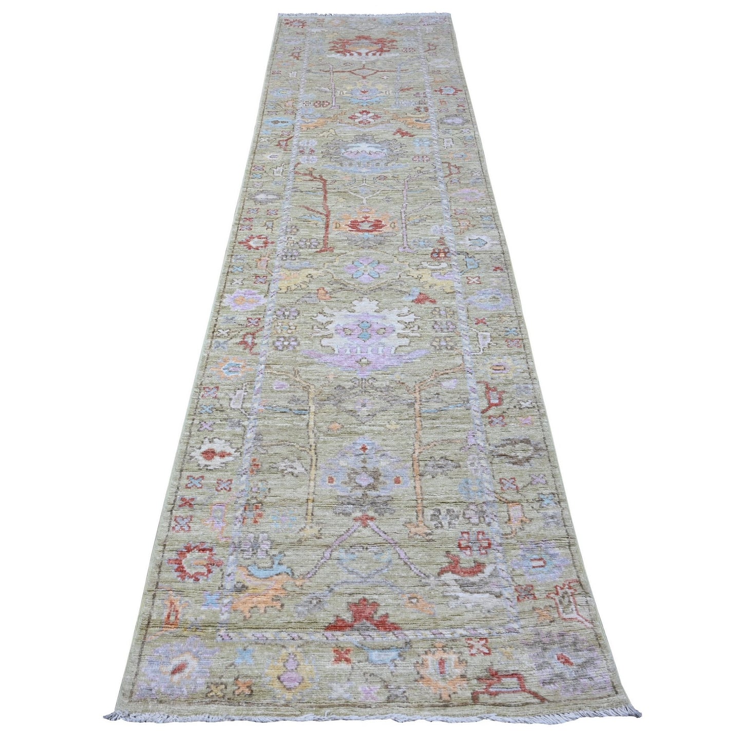 2'10"X11'8" Olive Green Afghan Angora Oushak Runner Oriental Rug