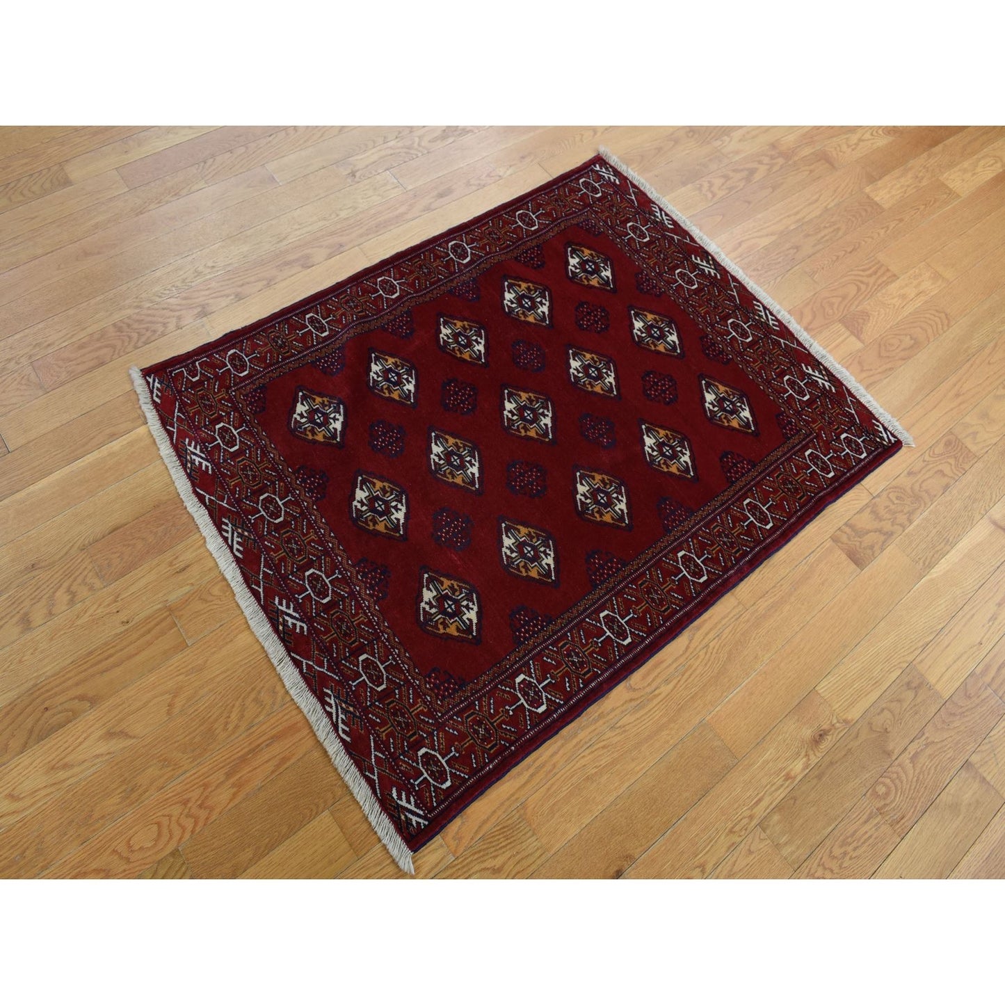 3'3"X4'2" Wine Red Zoroastrian Turkoman Bokara Pure Wool Hand Knotted Rug