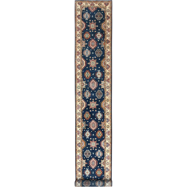 3'X18'6" Yale Blue Soft Wool Hand Knotted Special Kazak Xl Runner Rug