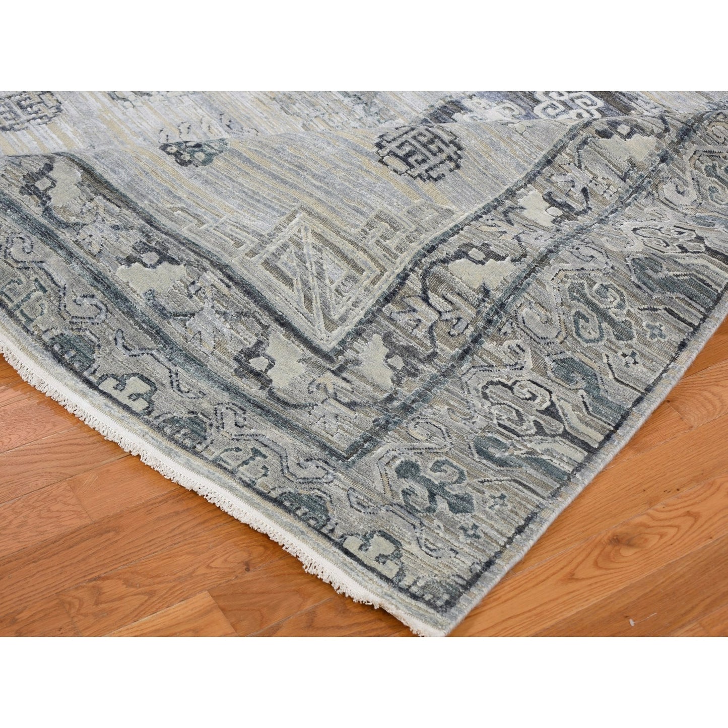 7'9"X9'10" Pure Silk With Textured Wool Khotan Design Hand Knotted Rug