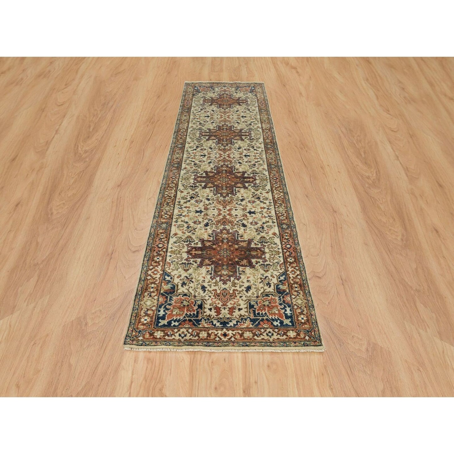2'7"X10'3" Beige Antiqued Heriz Re-Creation Wool Hand Knotted Runner Rug