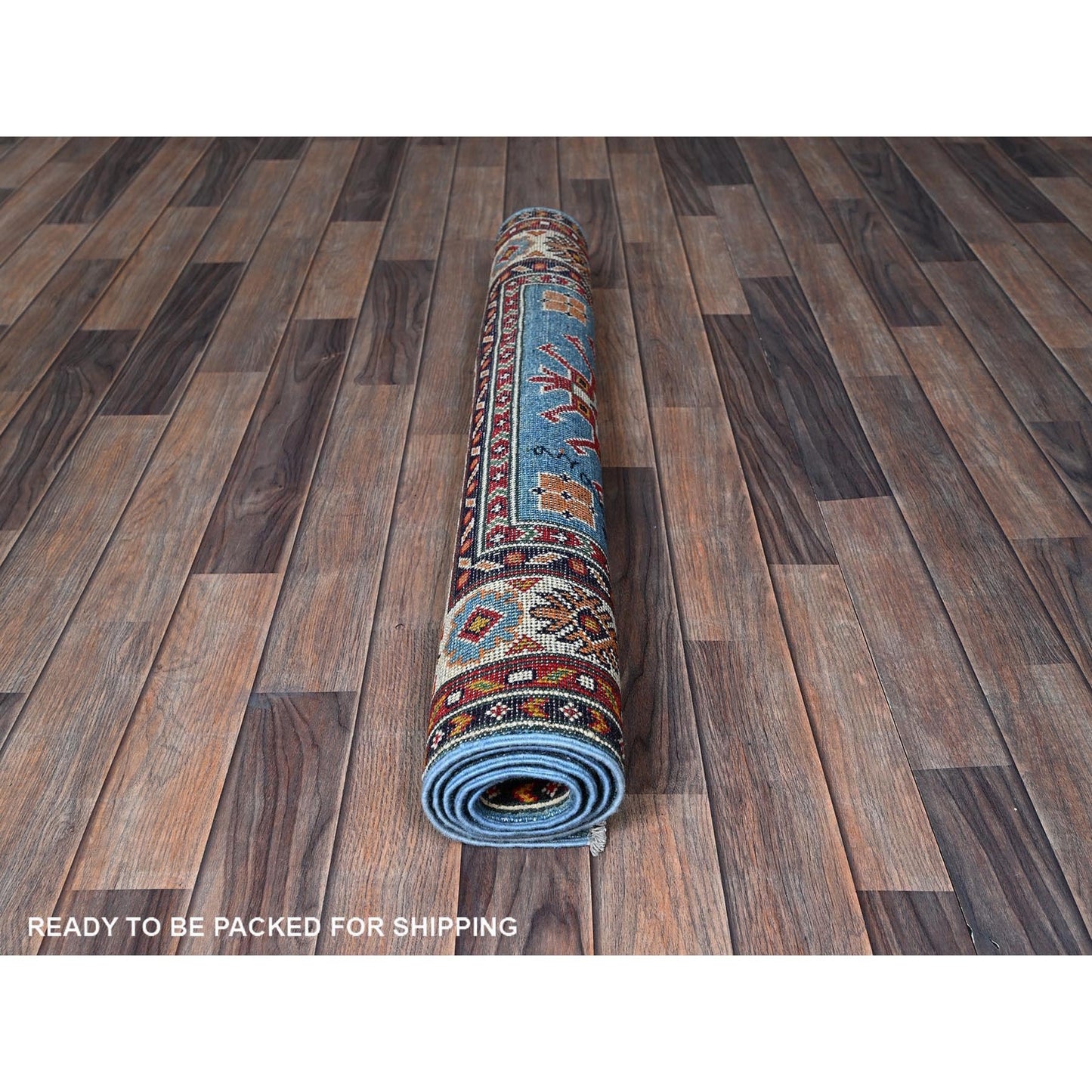 3'4"X4'10" Blue Kazak Geometric Design Hand Knotted Soft Wool Oriental Rug
