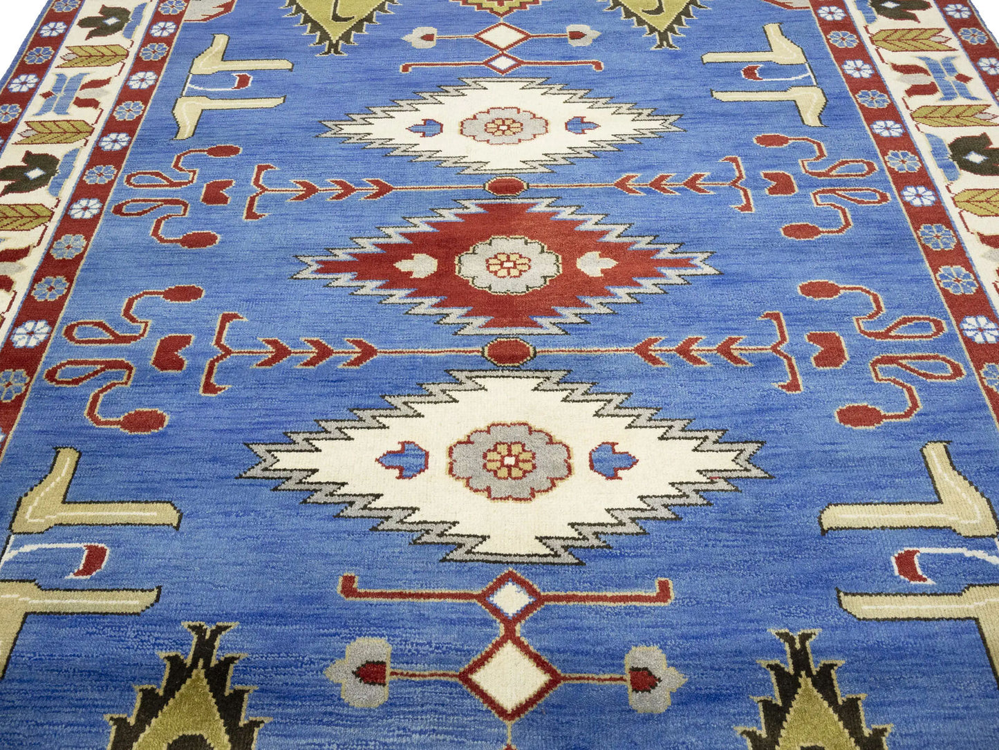 Farmho Boho Blue Geometric Kazak Oriental Rug
