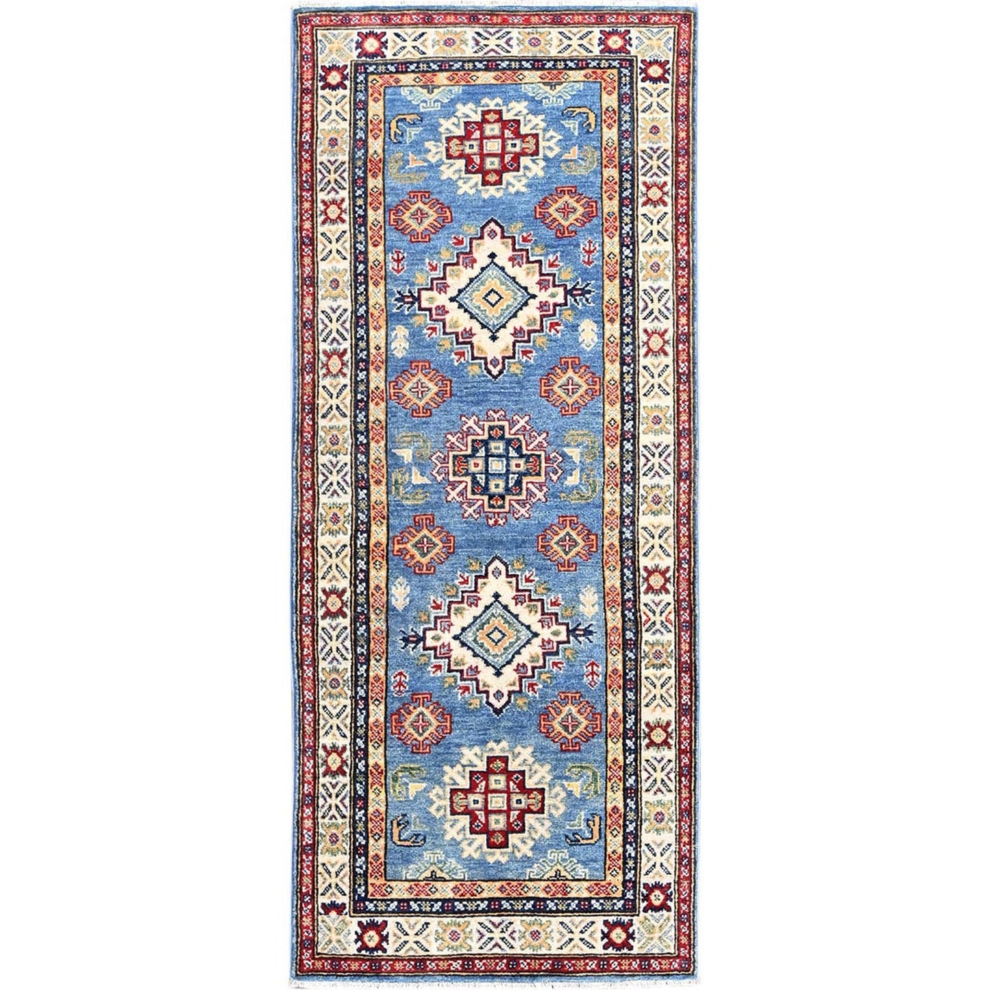 2'6"X6'2" Blue Kazak With Geometric Design Hand Knotted All Wool Runner Rug