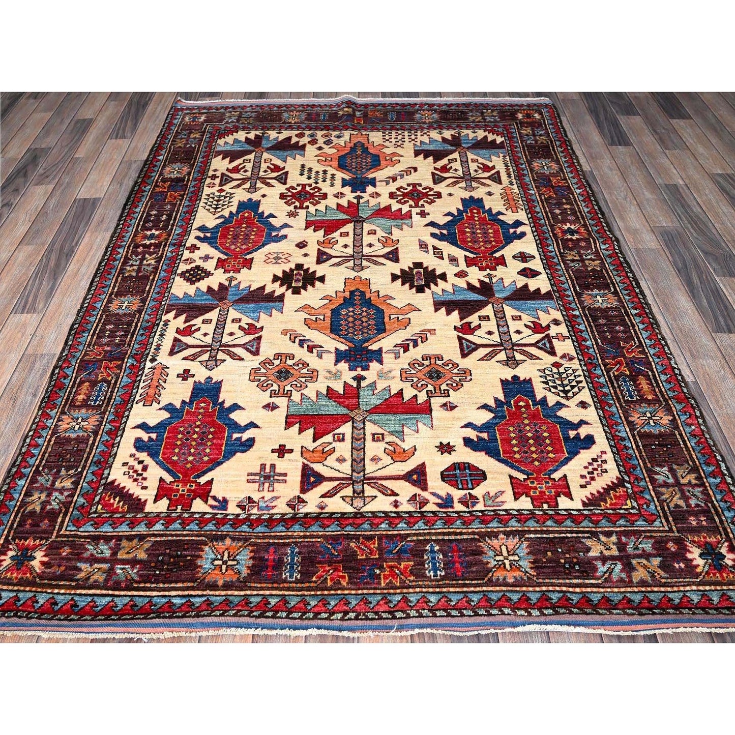 5'2"X6'8" Ivory Afghan Caucasian Design Revival Hand Knotted Soft Wool Rug