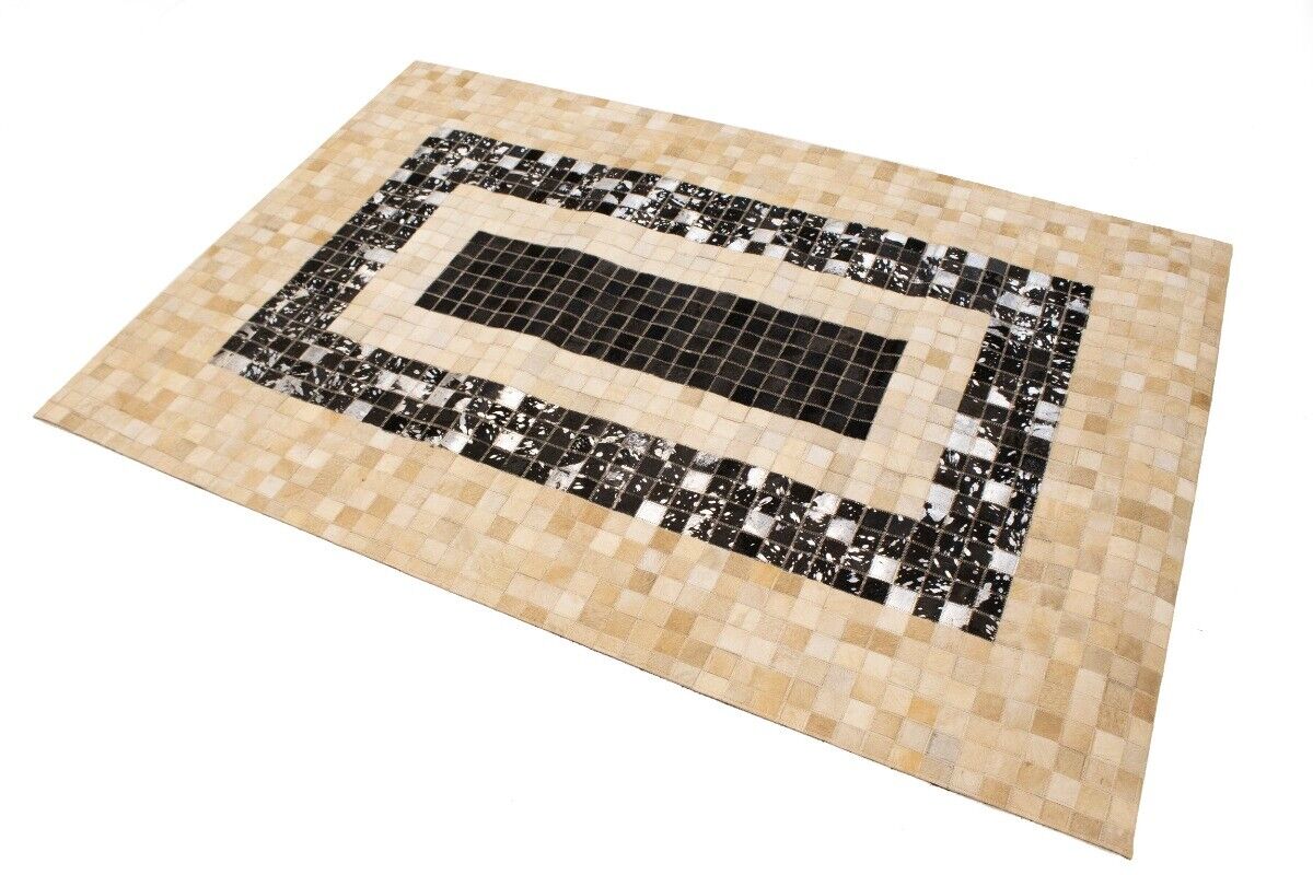 Hand-Stitched Black Beige Cowhide Leather Rug 4X6
