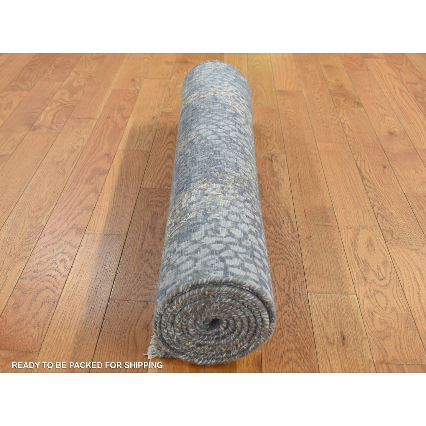 3'X8' Gray Zoroastrian Design Wool And Silk Hand Knotted Wide Runner Rug