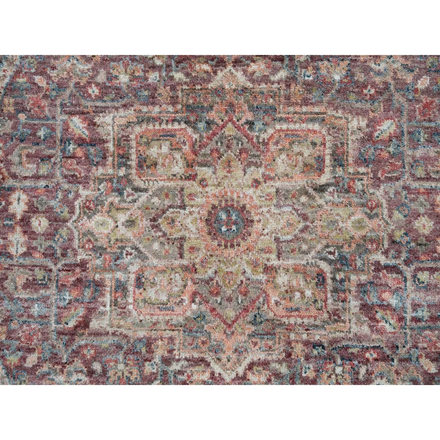 5'X5' Garnet Red Heriz Revival Pure Wool Hand Knotted Round Oriental Rug