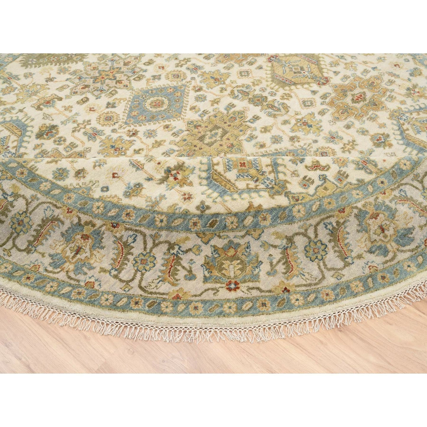 8'10"X8'10" Ivory Hand Knotted Karjihooz Design Wool Round Rug