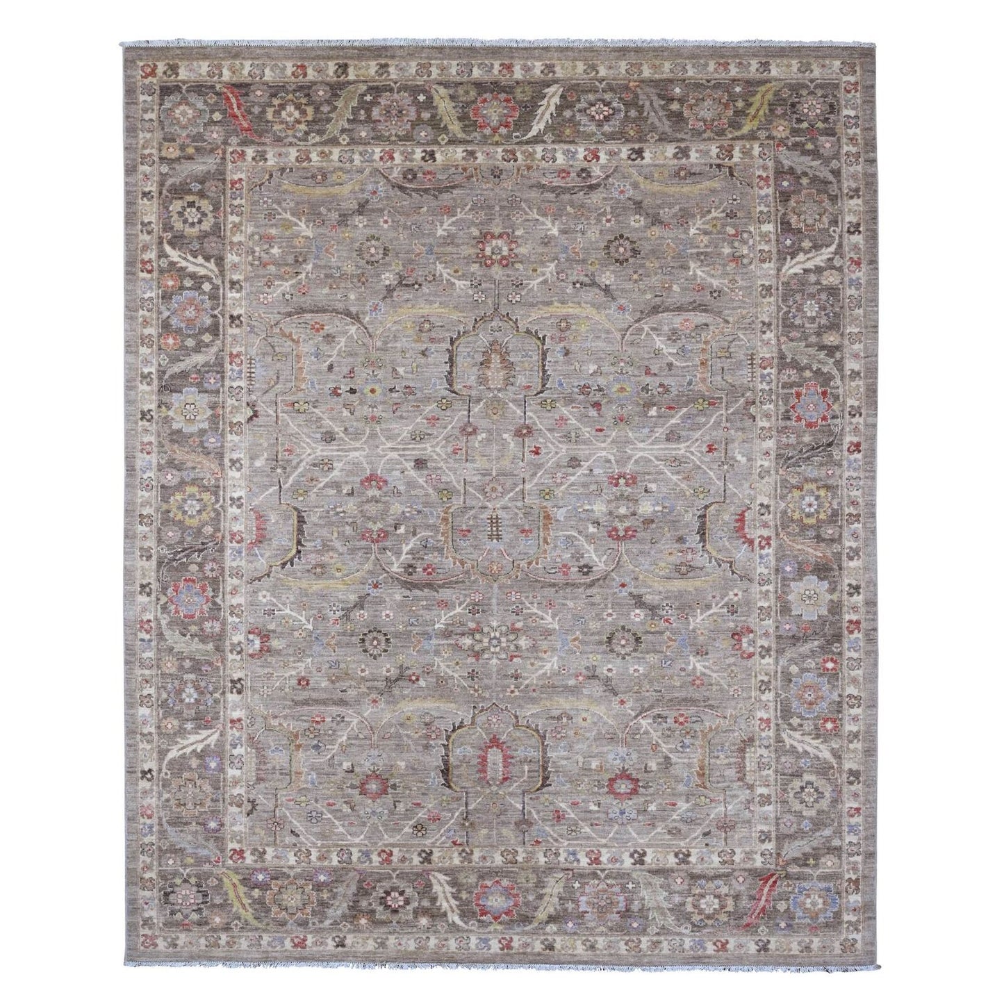 8'X9'9" Brown Peshawar Heris All Over Design Pure Wool Hand Knotted Rug