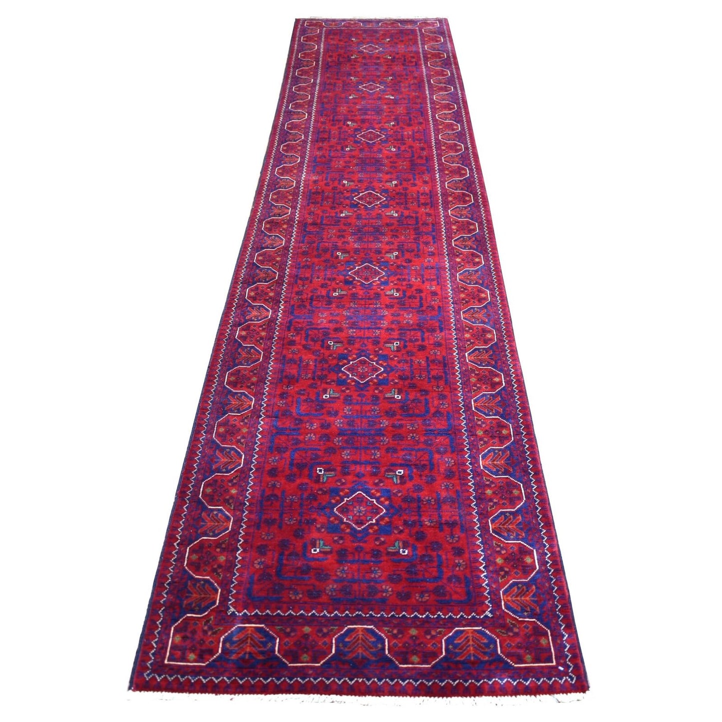 2'8"X12'9" Deep Red Afghan Khamyab Soft Wool Hand Knotted Runner Rug