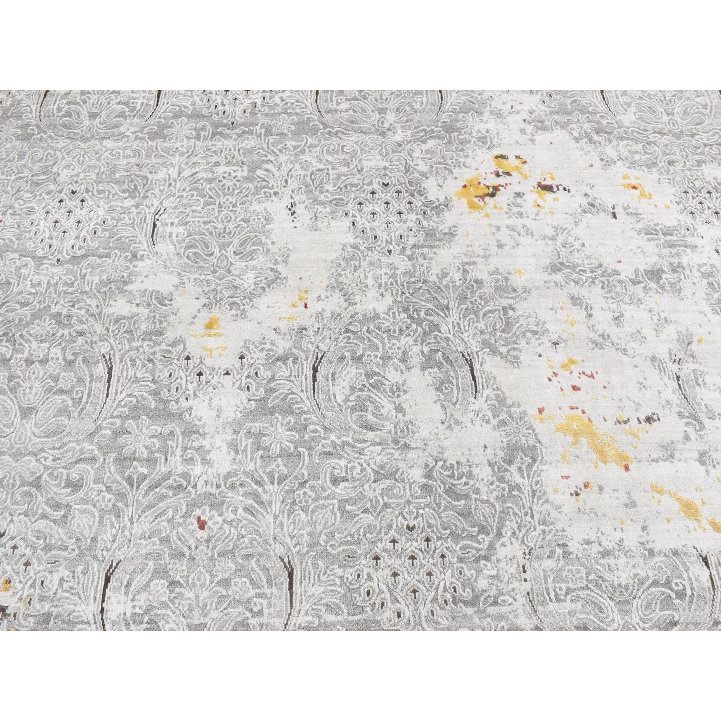 8'9"X11'10" Gray Hand Knotted Modern Broken Design Wool And Silk Rug