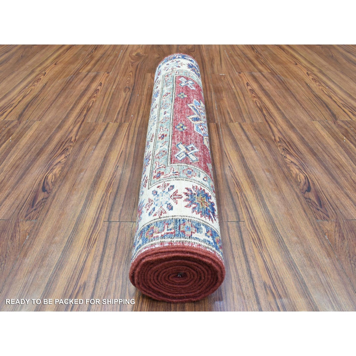 3'1"X11' Rich Red Hand Knotted Kazak Geometric Medallions Wool Runner Rug