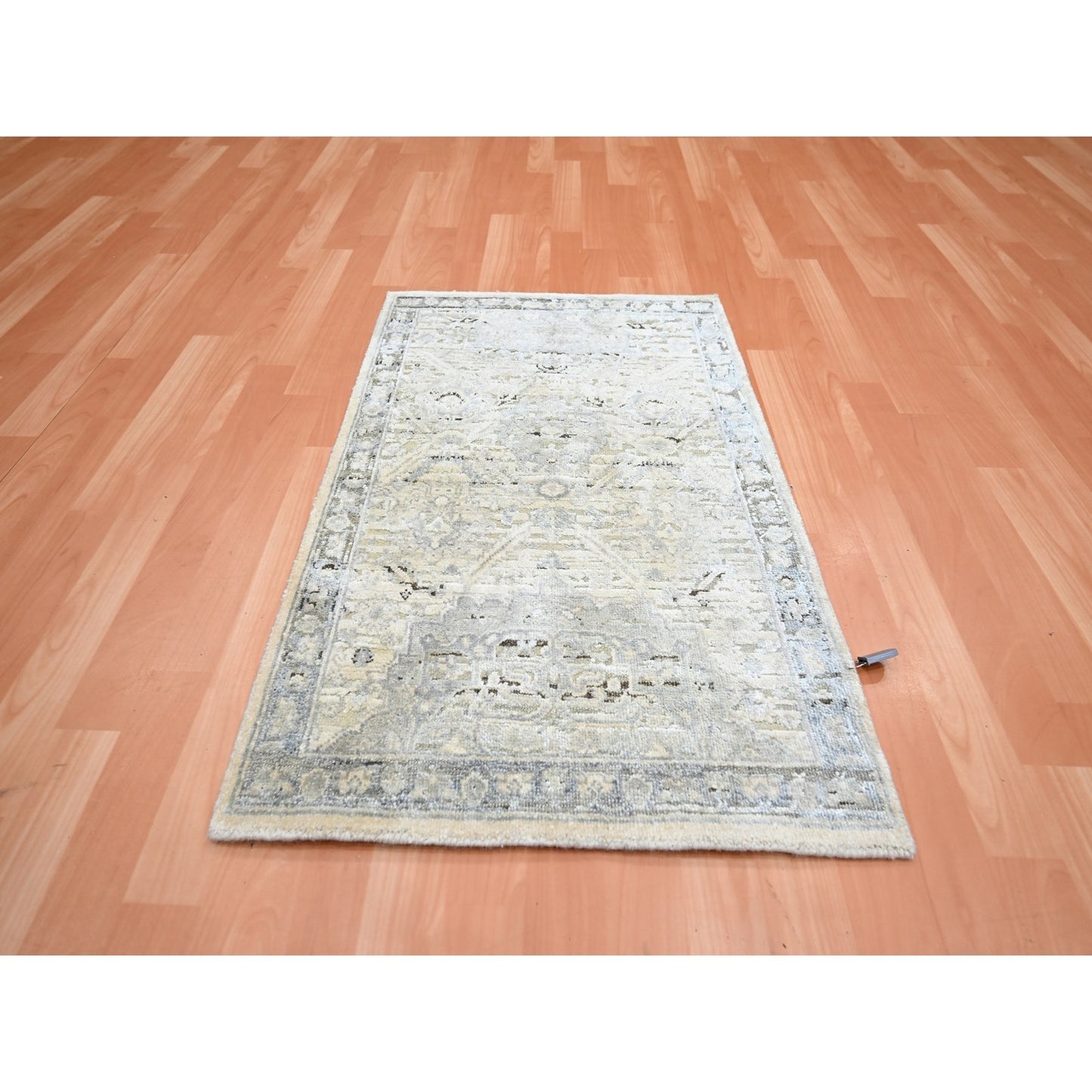 2'1"X3' Eggshell White, Hand Knotted, Pure Silk And Wool Oushak Mat Rug