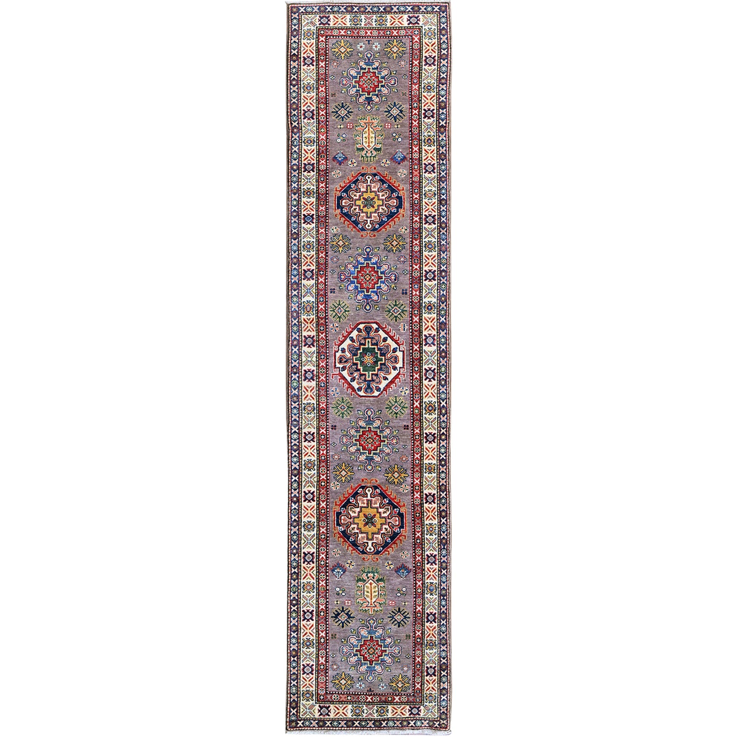 2'9"X12'6" Dove Gray Kazak With Tribal Design Hand Knotted Wool Runner Rug