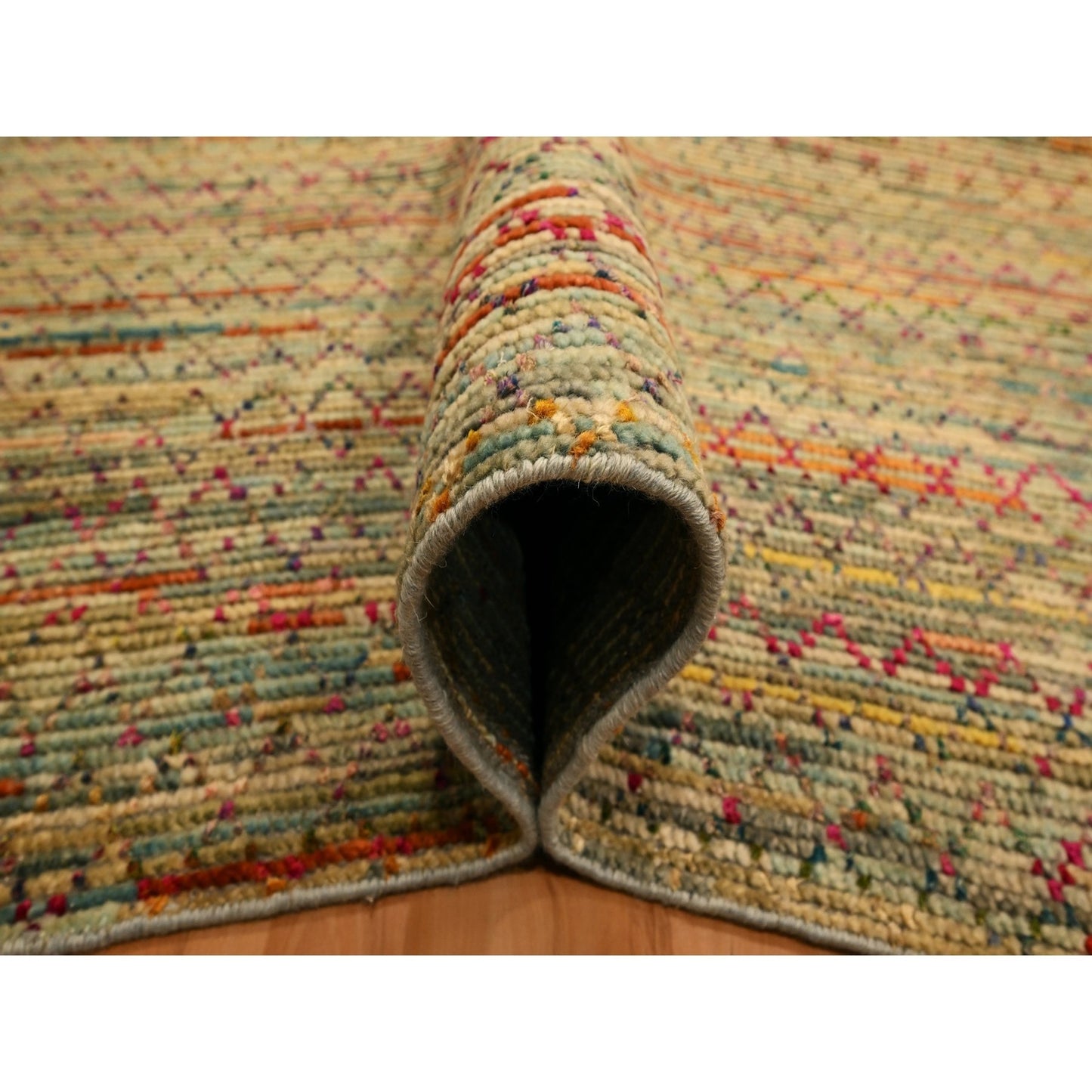 9'1"X12'2" Beige Wool And Sari Silk With Textured Weave Hand Knotted Rug