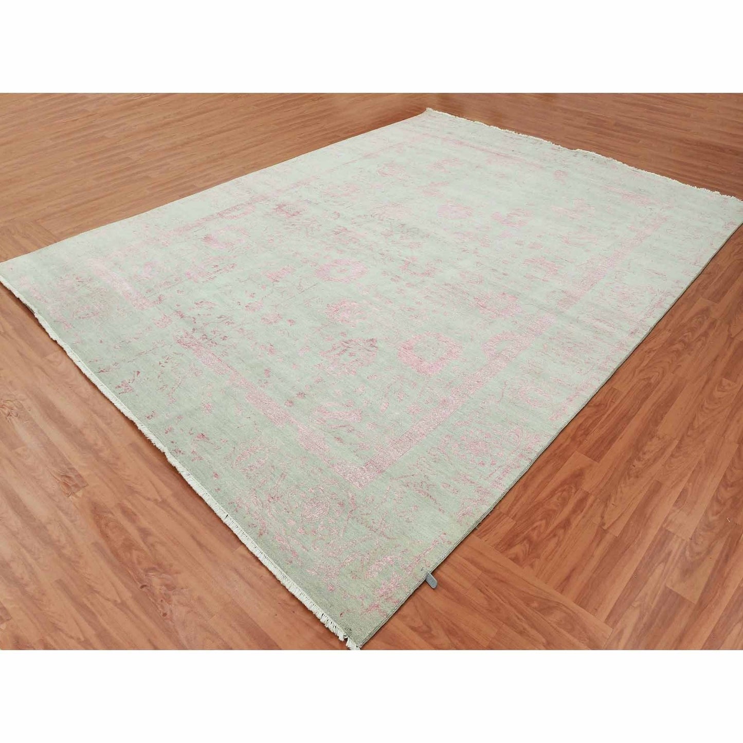9'X11'10" Gray Broken Zoroastrian Design Wool And Silk Hand Knotted Rug