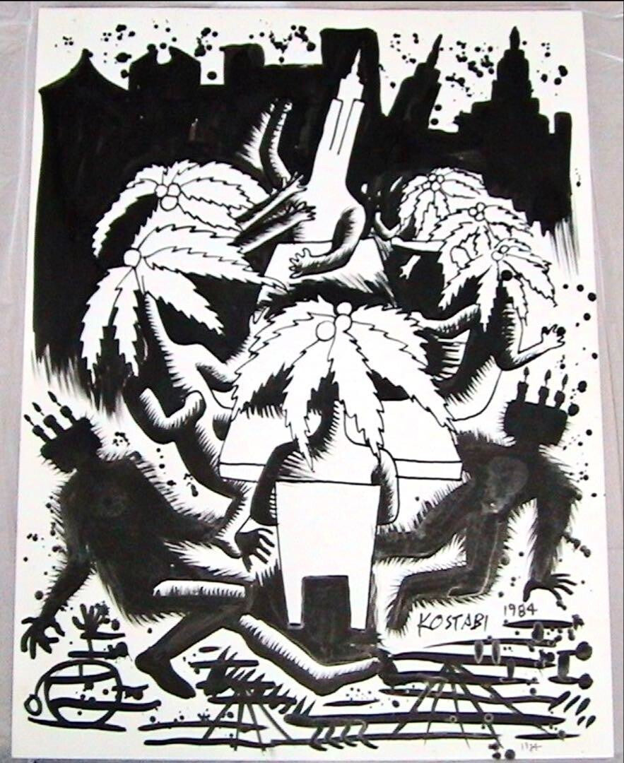 Mark Kostabi 1984 Original Painting Drawing Black Ink On Paper Signed Coa