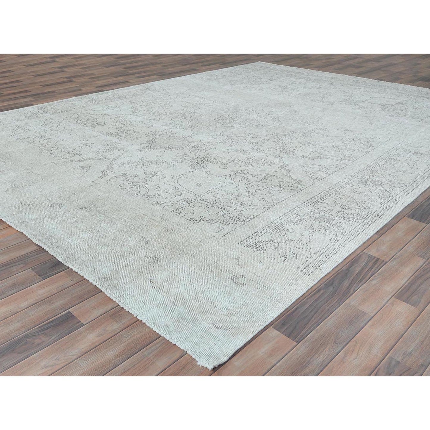 9'3"X13' Ivory Vintage Farsian Tebraz Worn Wool Hand Knotted Rug