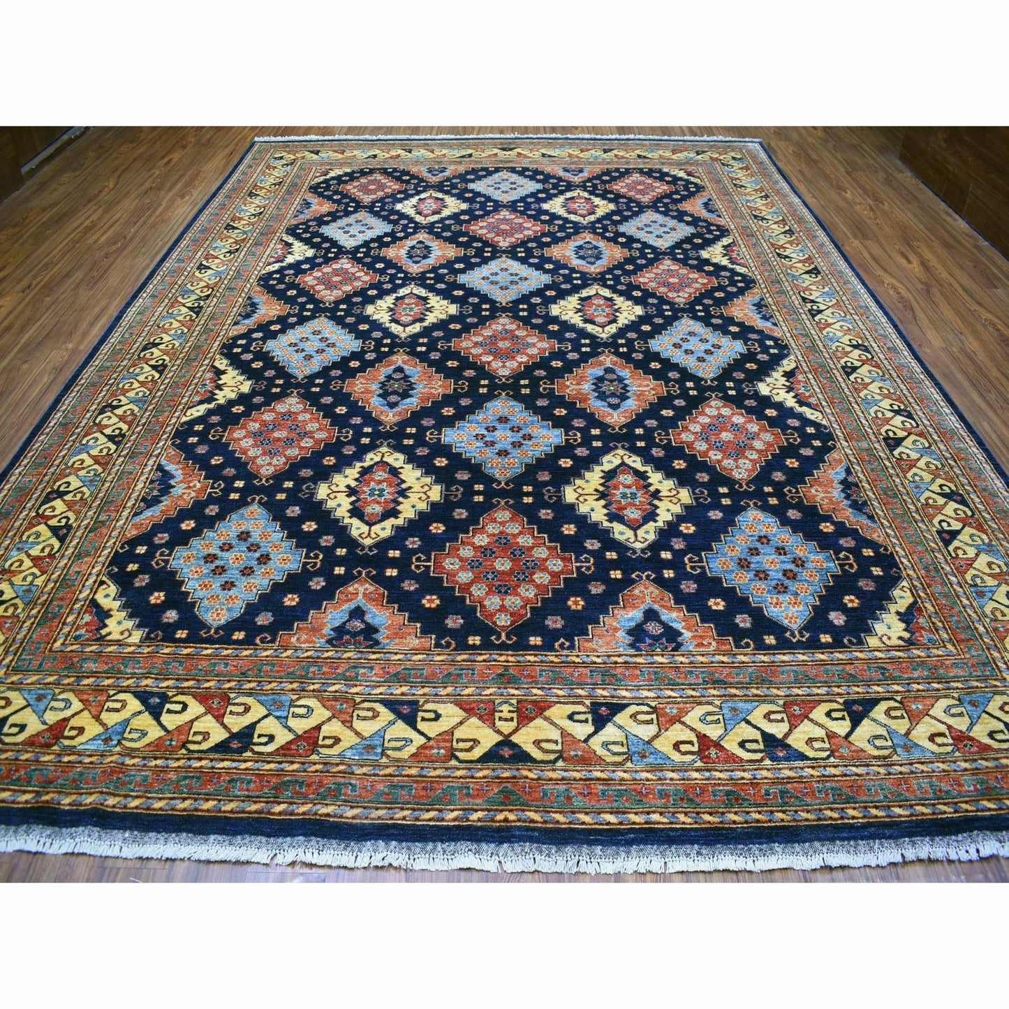 10'1"X13'3" Navy Blue Afghan Ersari Geometric Design Handknotted Wool Rug