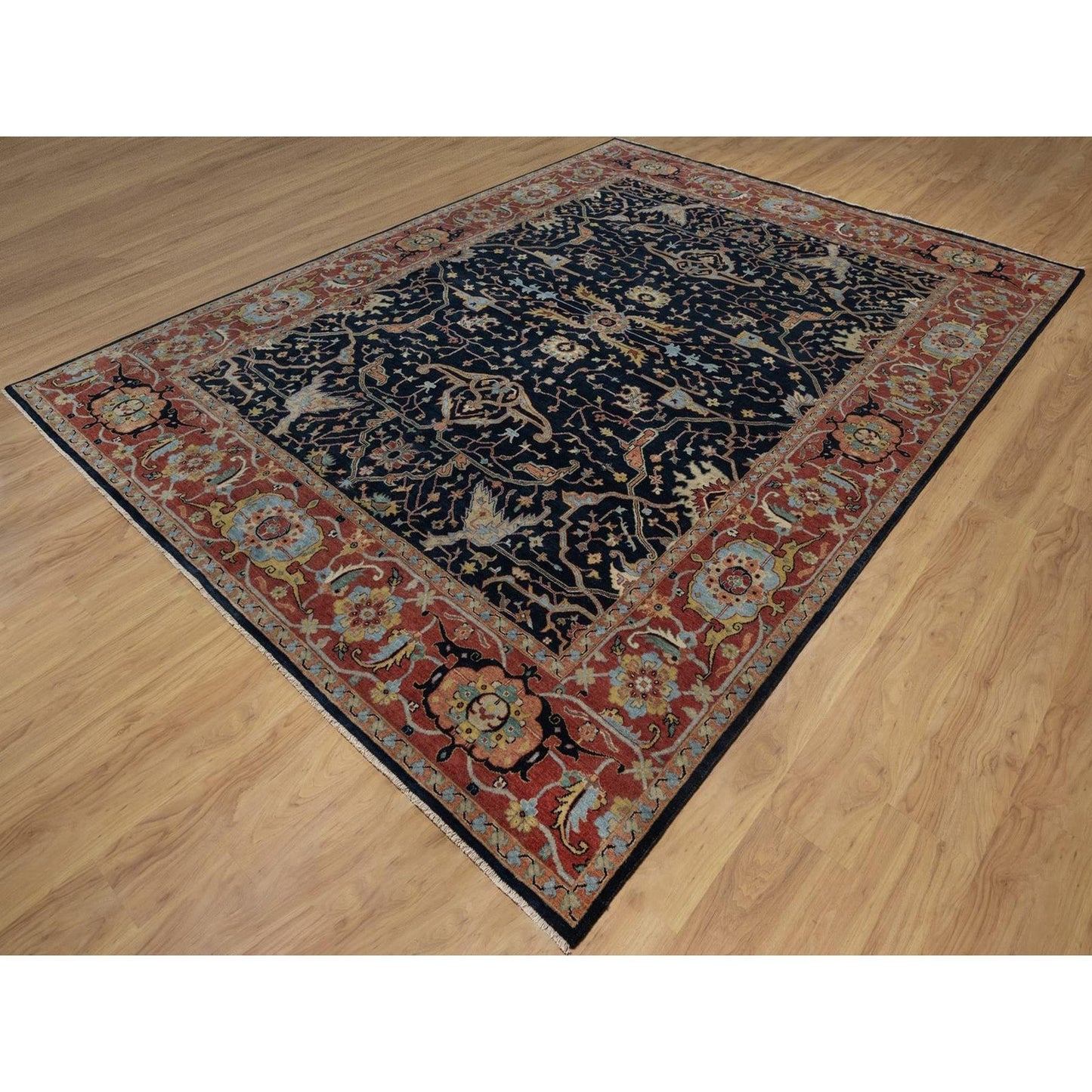 9'X12'1" Caviar Blue Antiqued Heris New Zealand Wool Hand Knotted Rug