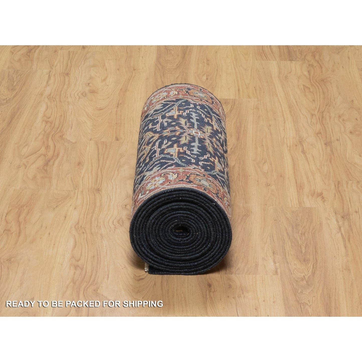 2'6"X22' Navy Antiqued Fine Heris Recreation Hand Knotted Wool Runner Rug