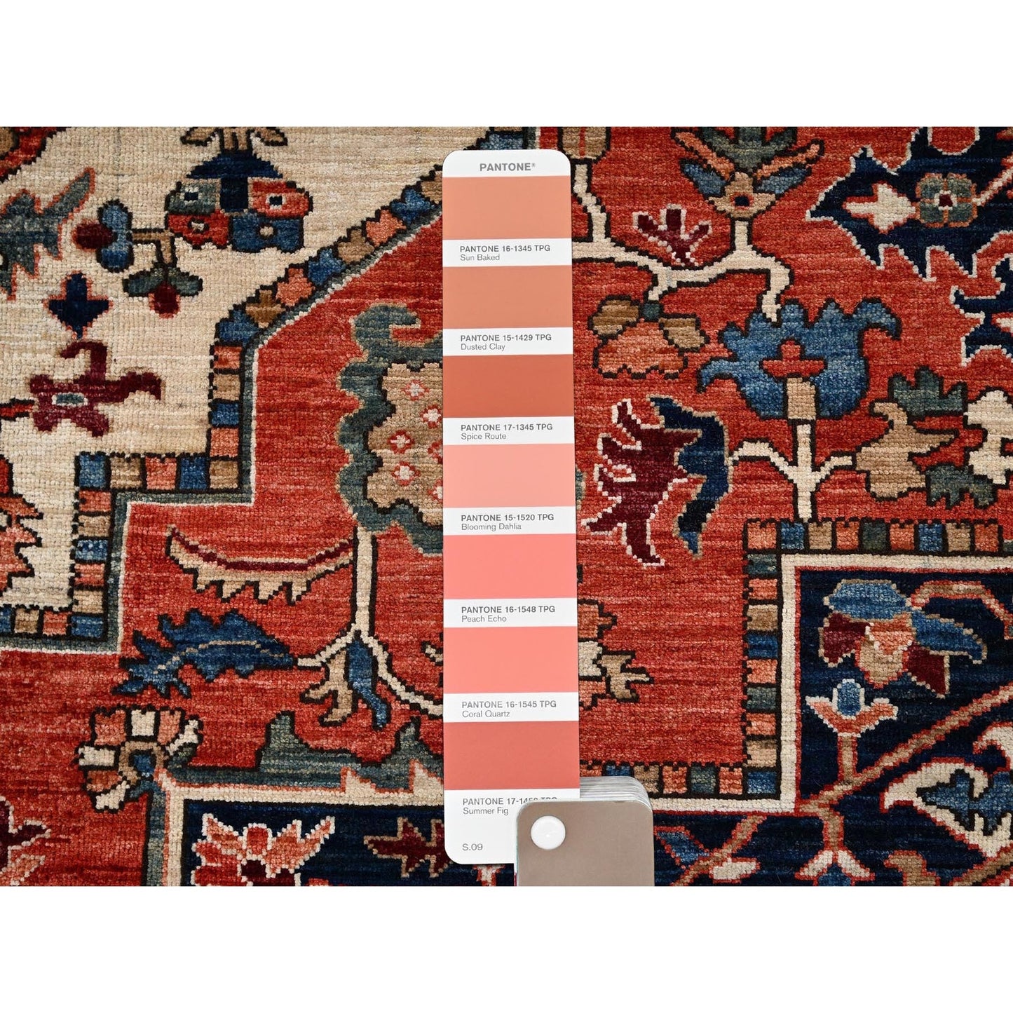 9'10"X14'3" Coral Red Seeripe Heris Design Hand Knotted Soft Wool Rug