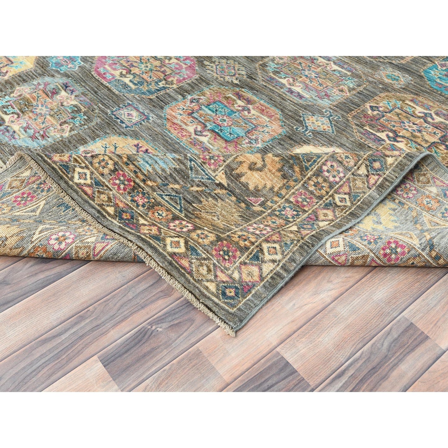 8'9"X11'7" Sage Green Hand Knotted Afghan Super Kazak Pure Wool Rug