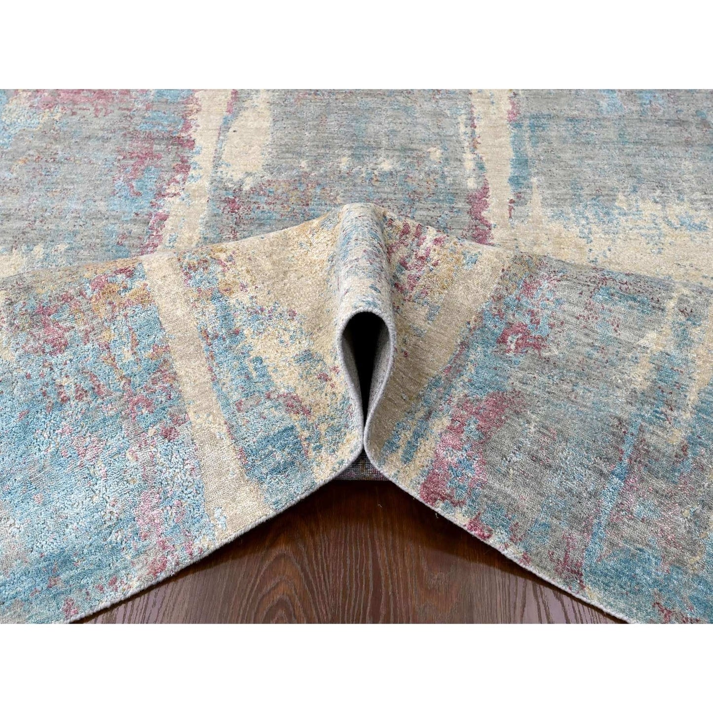 9'X12' Pastel Yellow Abstract Design Wool And Silk Shiny Hand Knotted Rug