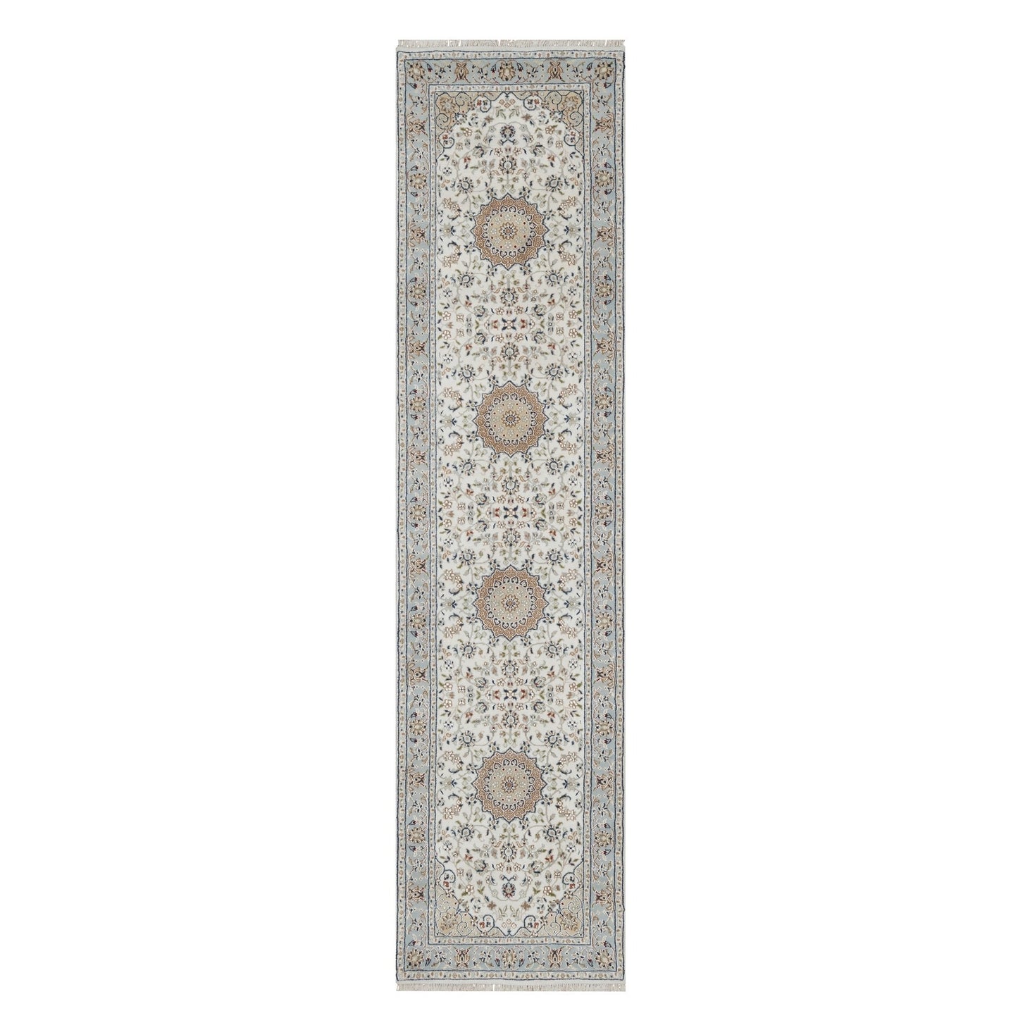 2'5"X10' Spring White Nain Hand Knotted 250 Kpsi Wool And Silk Runner Rug