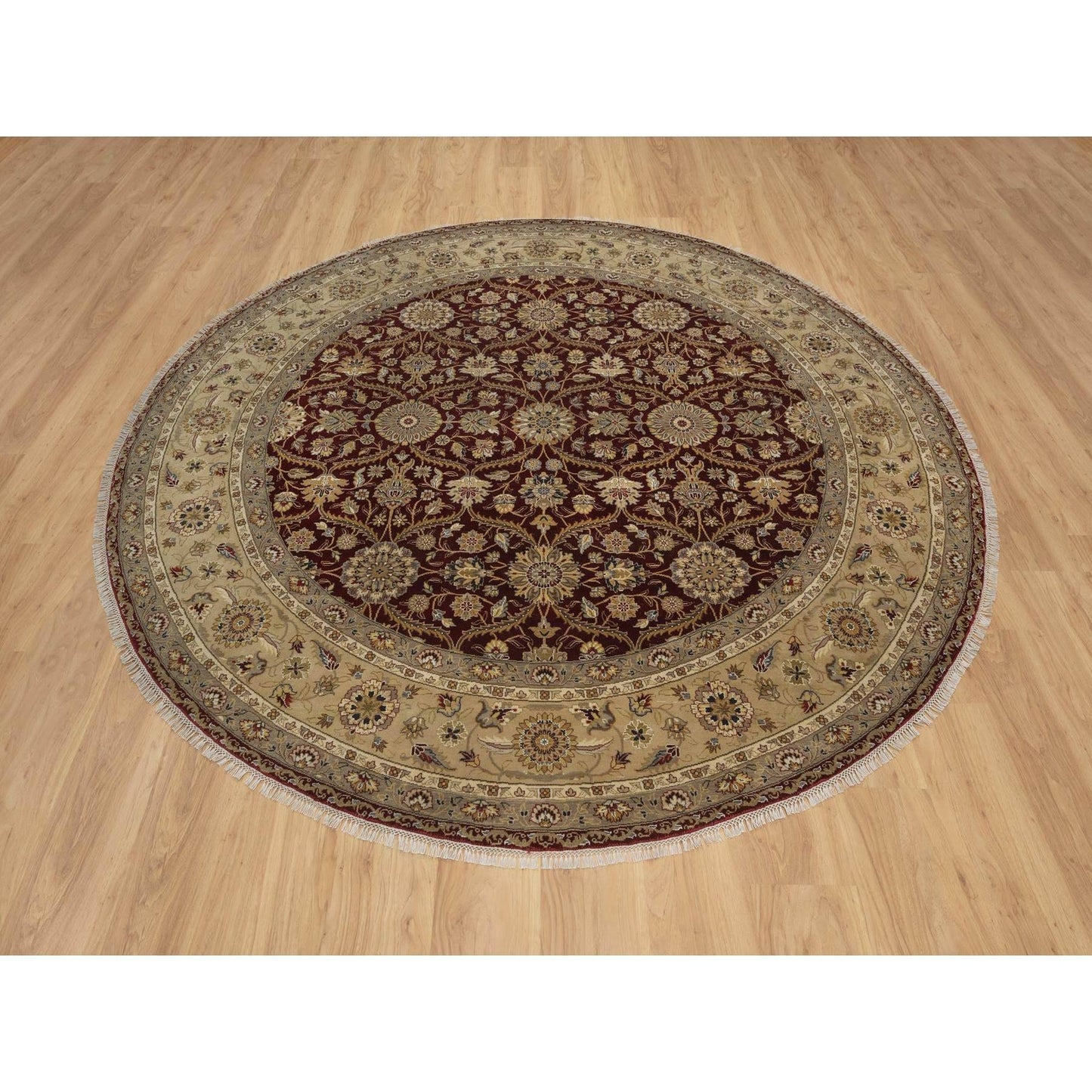 8'1"X8'1" Wine Red Hereke Design Wool And Silk Hand Knotted Round Rug
