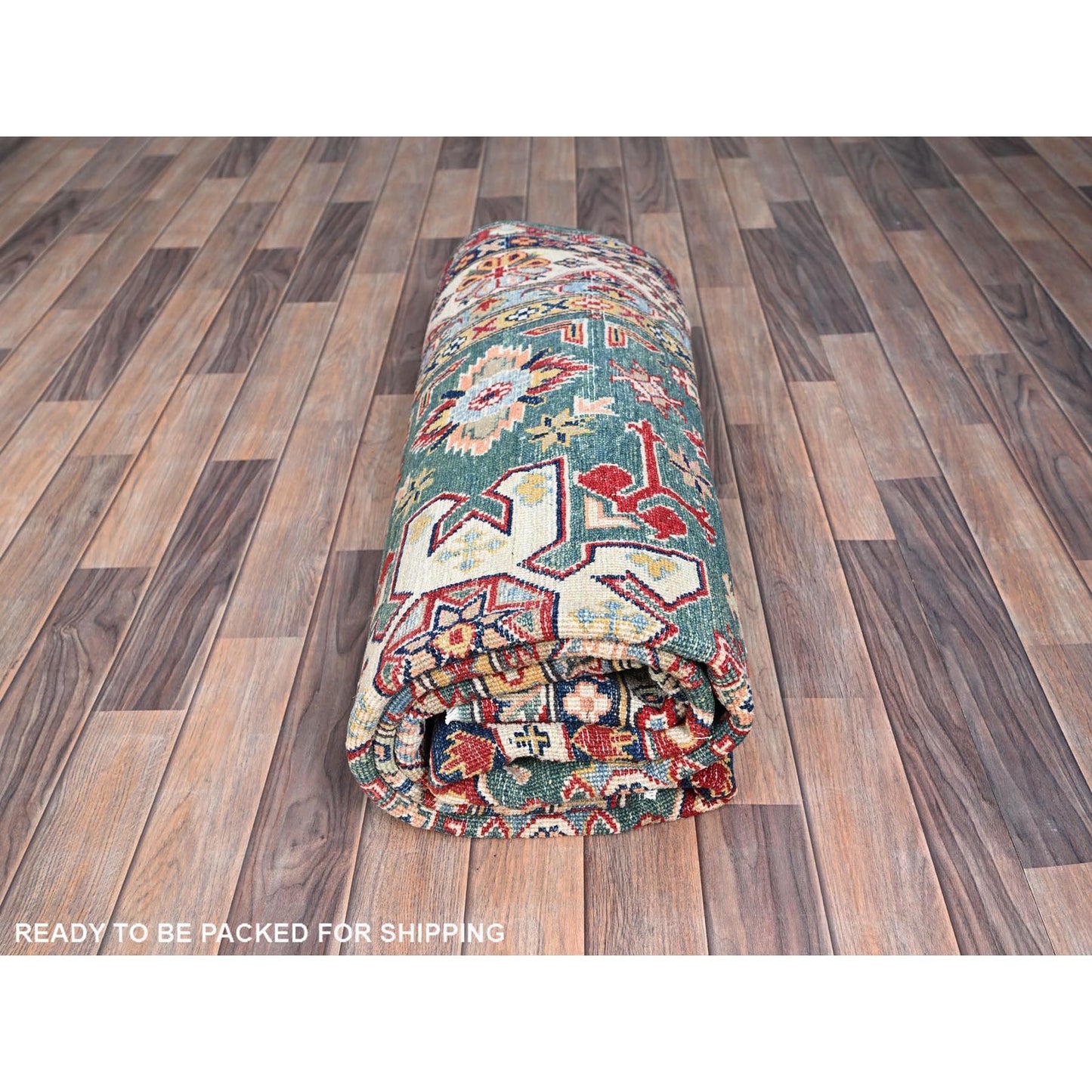 6'1"X9'2" Green Kazak Motifs Hand Knotted Denser Weave Wool Oriental Rug