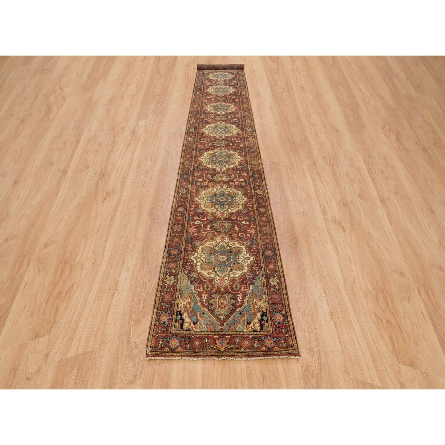 2'7"X16'2" Red Hand Knotted Heris Re-Creation Soft Wool Xl Runner Rug