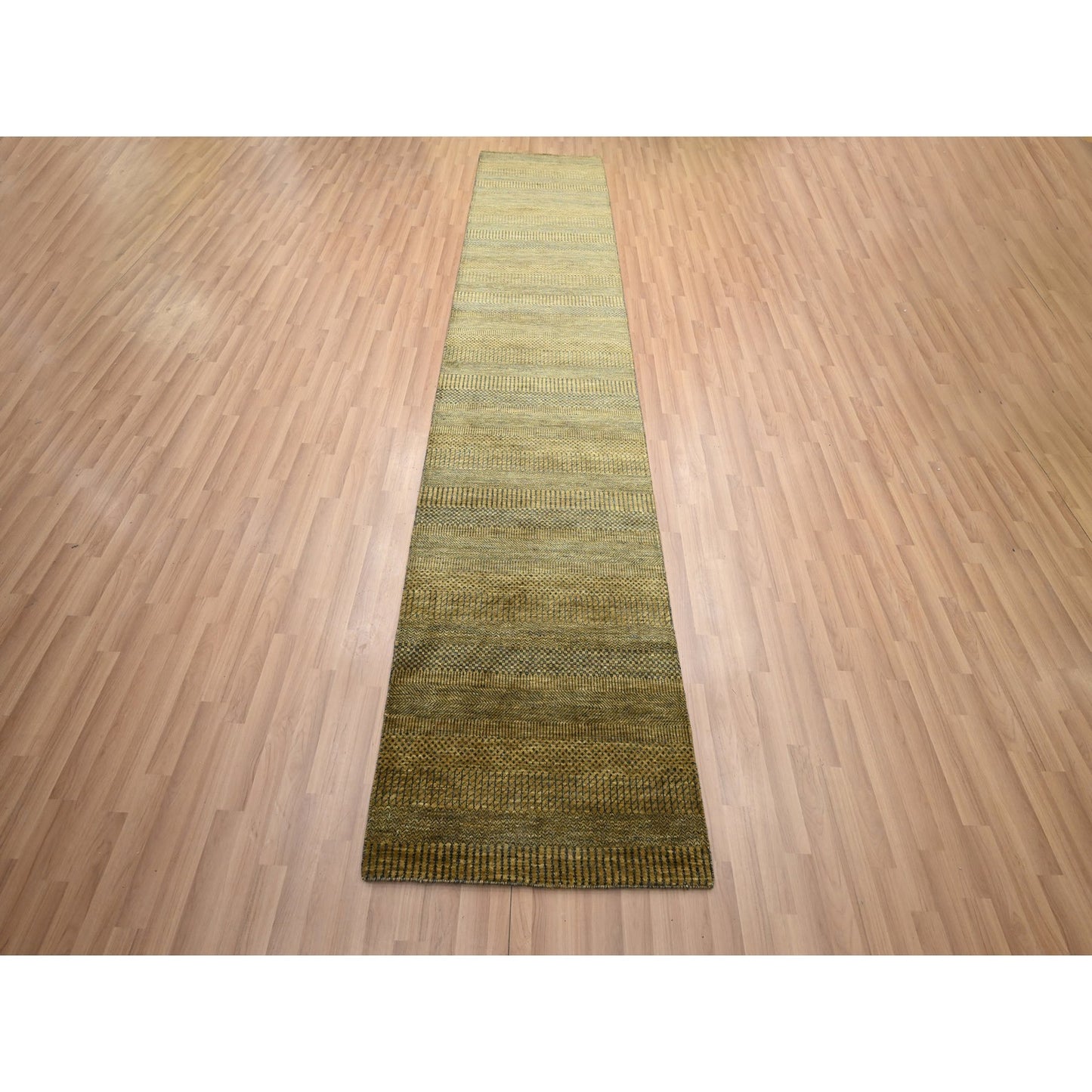 2'8"X12'3" Brown Modern Grass Design Hand Knotted Wool & Silk Runner Rug