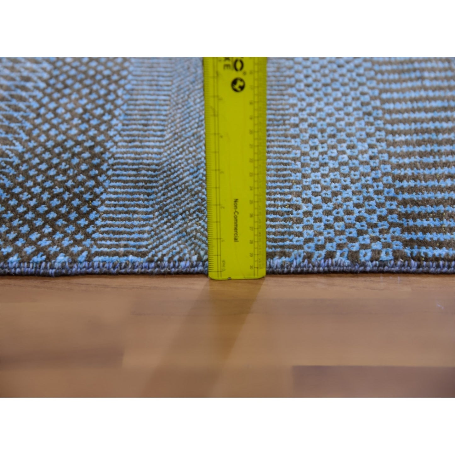 2'7"X9'6" Blue Hand Knotted Grass Design Dyed Wool And Silk Runner Rug