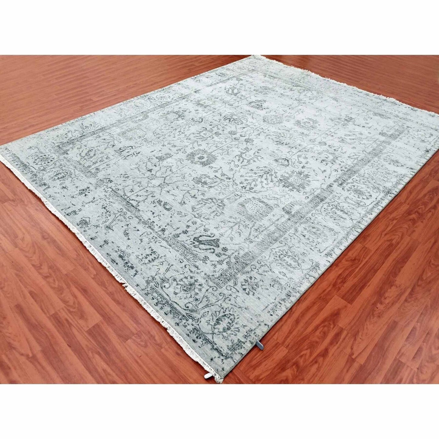 8'X9'10" Gray Wool And Silk Hand Knotted Zoroastrian Tebraz Design Rug