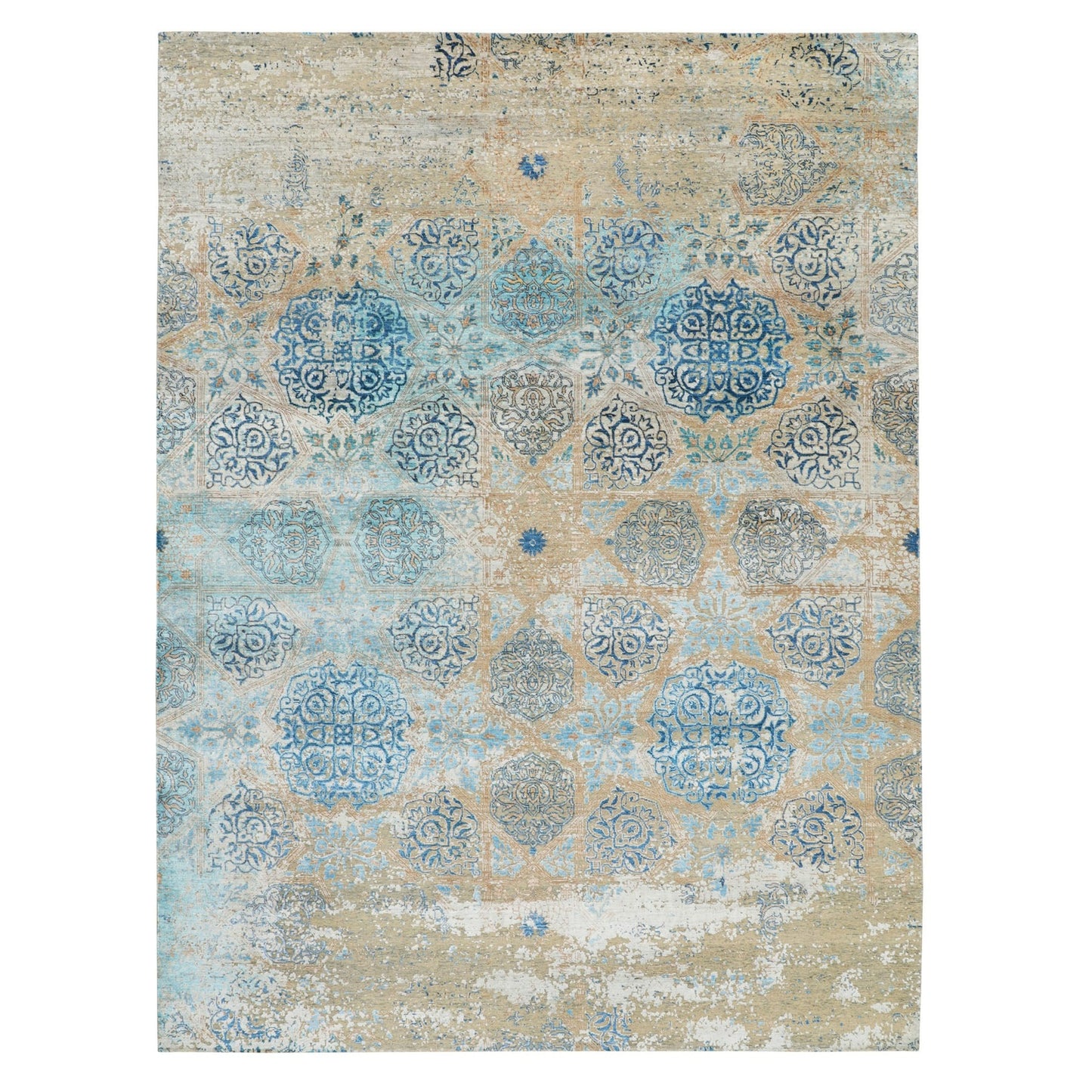 8'10"X12' Gray Snowflake Silk With Textured Wool Oriental Rug