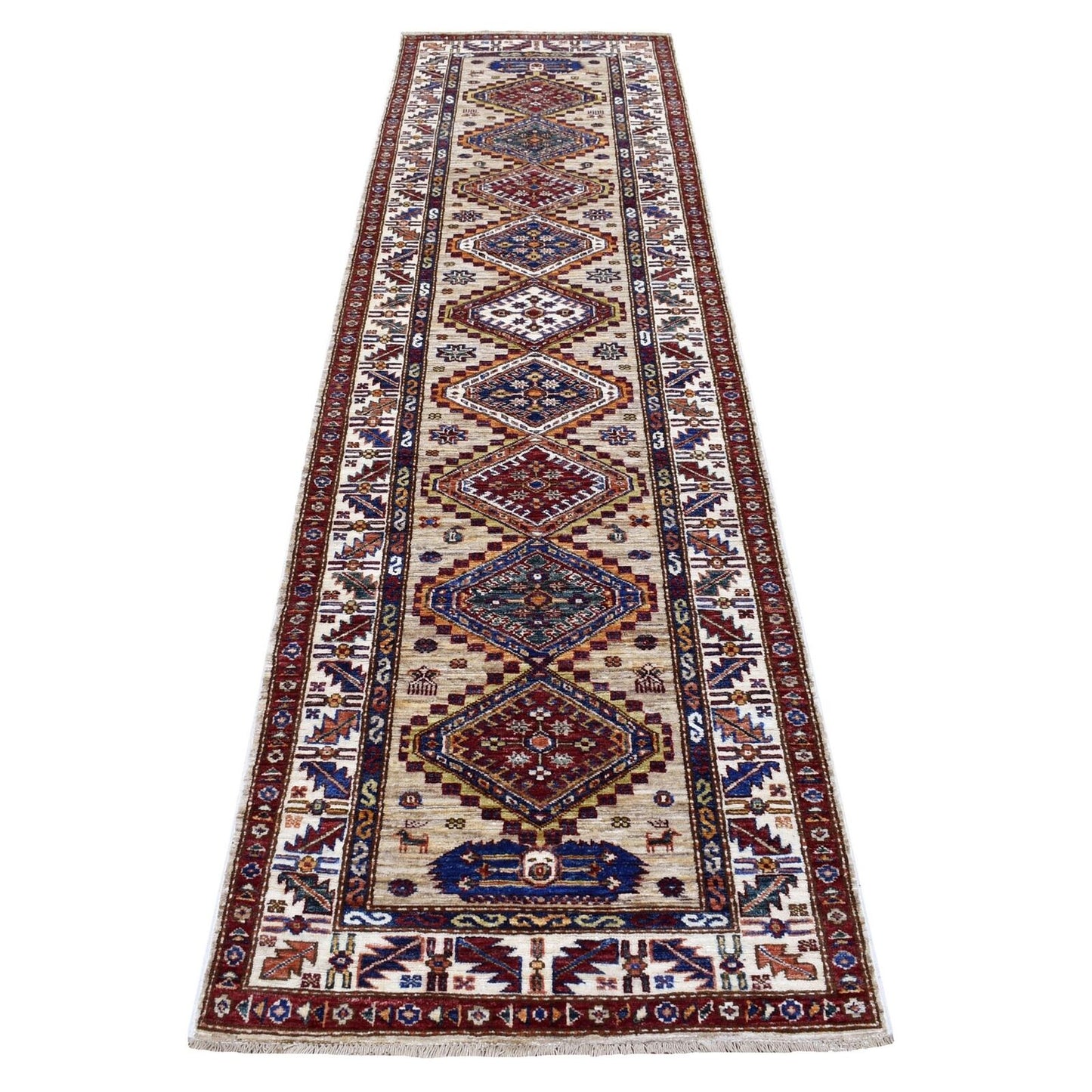 2'8"X10' Beige Geometric Design Natural Wool Super Kazak Hand-Knotted Rug